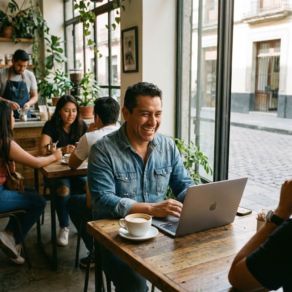 Emprendedor latino trabajando feliz desde un café